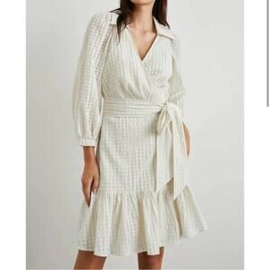 Rails Kiara S Ivory Seersucker Collared Wrap Mini Dress Puff Sleeve Ruffle Hem